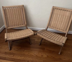 Vintage Pair Wegner Style Danish Modern Woven Folding Chairs Made In Yugoslavia - Picture 1 of 18