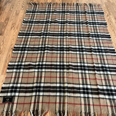 James Pringle Weavers Vintage Wool Blanket Throw Beigh Tartan Plaid Fringe  - Image 1 of 4