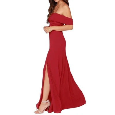 Vestido maxi novo com etiquetas Lulus vermelho fora do ombro sereia com fenda tamanho grande feriado - Imagem 1 de 4