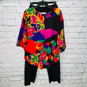 Vintage Lucie Ann II Lounge Set Size L Bright Colorblock Top Pants Floral Black - Imagen 1 de 8