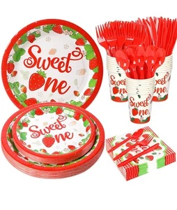 175 Pieces Strawberry Sweet One First Birthday Party Set Serves 25 - Picture 1 of 5