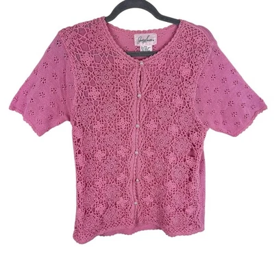 Jaclyn Smith Vtg Pink Crochet Eyelet Cotton Short Sleeve Pearl Button Cardi Sz M - Image 1 of 4