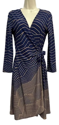 BCBGMAXAZRIA 连衣裙女式小号蓝色裹身绑带 V 领长袖几何图案 — 第 1/4 张图片