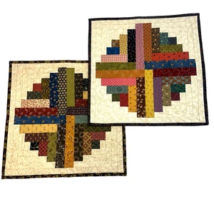 Handmade Quilted Candle Mats Set of 2 Patchwork Log Cabin 15” Table Toppers NEW - Picture 1 of 22