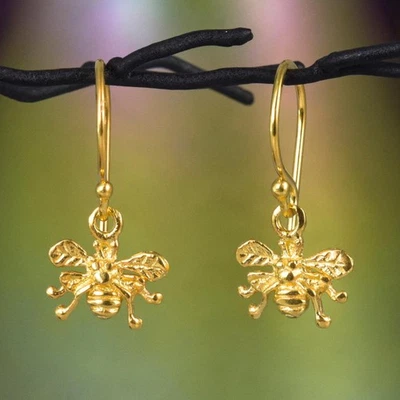Pendientes Gancho Abeja Miel Oro 18K Vermeil Sólido Plata de Ley 925 1.33g Foto 1 de 4
