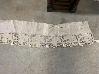 Tissu Ameublement Rideau XIXeme Ancien Tour de Cheminée Broderie Couture Époque - Photo 1/4