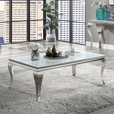 Bowery Hill Glam Glass Top Coffee Table in White and Silver Finish - Image 1 of 3