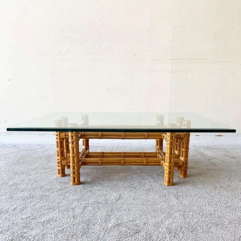 Boho Chic Glass Top Bamboo Rattan Coffee Table Cover