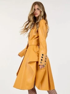 Mustard Yellow Faux Leather Long Sleeve Jacket Size Medium Belted Lined - Picture 1 of 4
