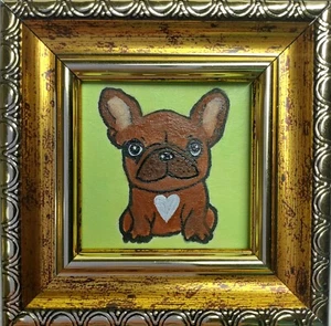 Pintura Bulldog Francés Oro Original Enmarcado Divertido Perro Marrón Mini Arte - Imagen 1 de 10