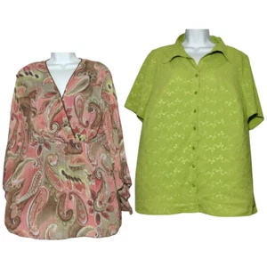 Lot of 2 Women Green and Brown Peacock Blouses Plus Sizes 18/20 22/24 Cato - Picture 1 of 11