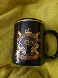 Vintage Baltimore Orioles Black Coffee Mug MLB Baseball Cup | Gold Logo & Trim - Picture 1 of 4