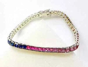 HSN Colleen Lopez Sterling Princess Cut Multi Sapphire 7-1/2" Tennis Bracelet - Picture 1 of 7