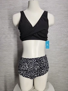 Nwt Cupshe Two Piece Swimsuit Size M Black Top W/ Black & White Dots Textured  - Picture 1 of 6