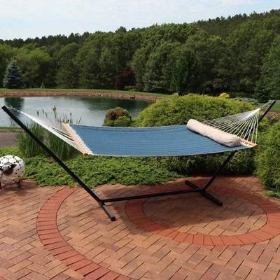 2-Person Quilted Fabric Hammock with Steel Stand - Tidal Wave by Sunnydaze - Image 1 of 4