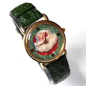 Vintage Christmas Santa Claus Watch Gold Tone Green Band Holiday Novelty Gift - Picture 1 of 8