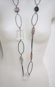 EXPRESS Statement Necklace Black Gunmetal Link Clear Pink Brown Bead 39.5" Long - Picture 1 of 9