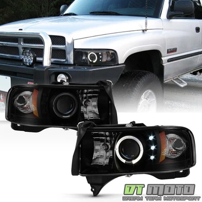 For Black Smoked 1999-2001 Dodge Ram 1500 LED Halo Projector Headlights+Adapter - Image 1 of 4