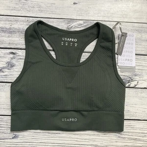 USA Pro Seamless Crop Top Padded Sports Bra Gym Training Khaki Green UK 10 - Picture 1 of 4