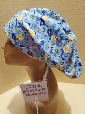 Daisies Blue & Yellow Women's  Euro/Chef Surgical Scrub Hat/Cap Handmade - Image 1 of 4