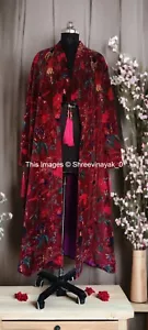 OFMD Lujo Terciopelo Chaqueta Abrigo Kimono Rojo Pájaro Estampado Kimono Chaqueta Larga - Imagen 1 de 6