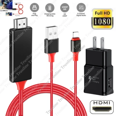 For iPhone 14 13 12 11 X HDMI Mirroring AV Cable Phone to TV HDTV Adapter 1080P - Image 1 of 4