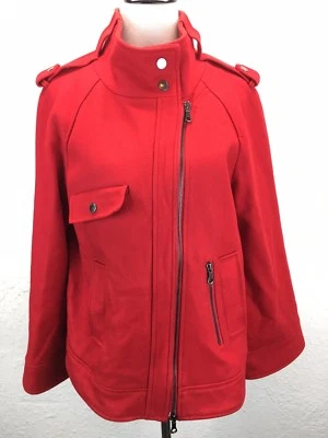S26 Soft Surroundings Sz M Wool Blend Bright Red Zip Jacket Moto Military - Image 1 of 4