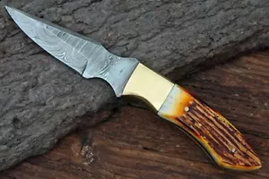 CUSTOM Hand Forged Damascus Camping Hunting Knife Burnt Bone Handle+Sheath - Picture 1 of 5