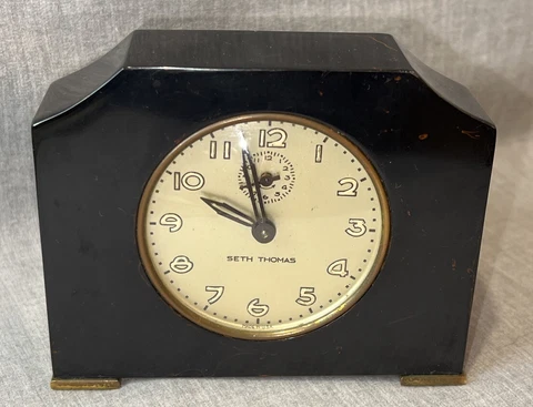 Vintage Marbleized Black Catalin Art Deco Seth Thomas Alarm Desk Clock Untested Cover