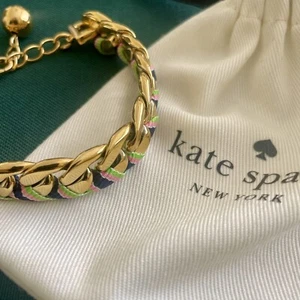 Kate Spade Gold Tone and Pink Green Preppy Grosgrain Ribbon Bracelet - Picture 1 of 14
