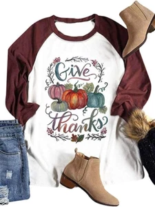 Thanksgiving Give Thanks Shirts Tee Women Halloween Pumpkin 3/4 Sleeve Tee Tops - Picture 1 of 1