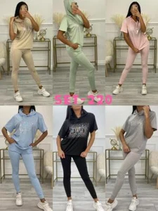 New Women Ladies Short Sleeve Hoodies Tracksuits Set Loungewear Top Suit Pants - Picture 1 of 3