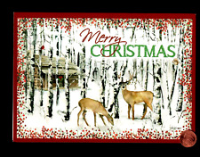 HTF Christmas Deer Meadow Trees Snow Cabin Bird LARGE -GLITTERED - Greeting Card