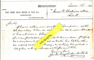 ROSE VALE BRICK & TILE CO CHESTERTON NEWCASTLE STAFFS STAFFORDSHIRE MEMO 1891 - Bild 1 von 1