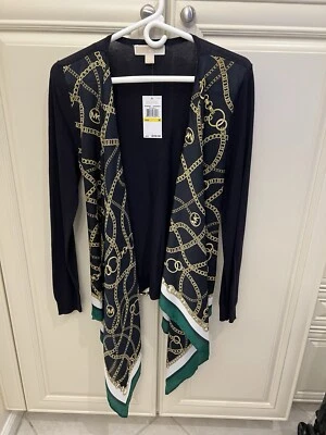 Michael Kors, Cárdigan Drapeado Negro con Bufanda Dorada, Cinturón Cadena Dorada, Para Mujer Med. Foto 1 de 4