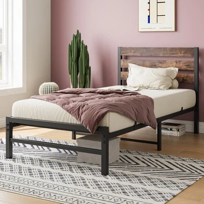  Full Size Platform Bed Frame with Rustic Wood Headboard and Footboard, Black  - Imagem 1 de 4