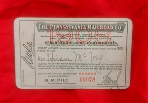 Rev. Hiram McVey Pennsylvania Railroad Clerical Order Pass 1908 - Picture 1 of 2