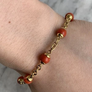 Coral Ball Chain Bracelet 18ct 750 Gold - 7" Inch - Picture 1 of 11
