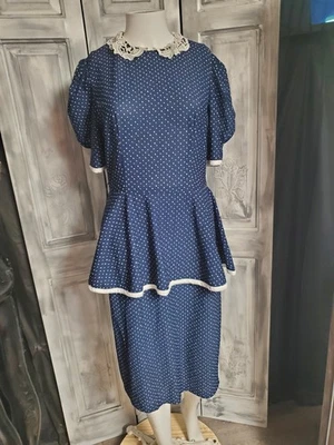 Vtg 80s Does 40s lace Collar  Dress Peplum Hi-waist Pencil Skirt S secretary - Image 1 of 4