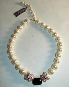Marvella Gold-Tone Necklace with Faux Rhinestones- Pearl Diamond Black Onyx sign - Picture 1 of 7