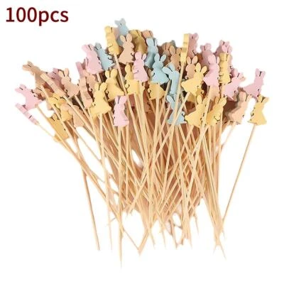 100pcs Easter Bunny Fruits Food Picks Rabbit Eggs Sandwich Bamboo Toothpic D3P7 - Image 1 of 4