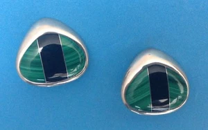 Taxco 925 Sterling Silver Abstract Cat's Eyes Green And Black Matching Earrings - Bild 1 von 5