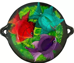 Mexican Clay Pottery Koi Fish 12” Platter Bowl W/ Handles HandPainted Black Rim - Picture 1 of 7