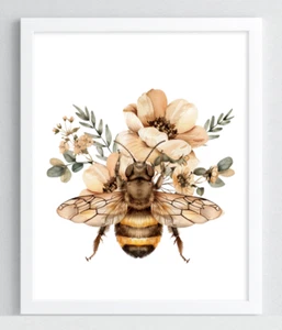 Biene Kunstdruck, Biene und Blumen Wanddeko, Botanisches Wandbild, Natur Deko #32 - Bild 1 von 2