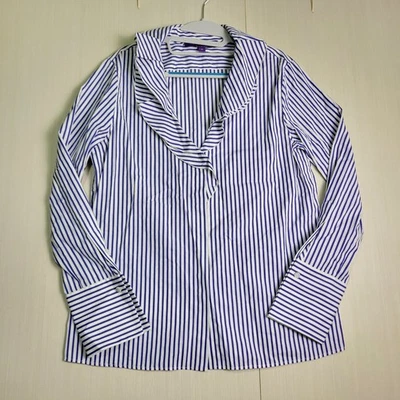 Blusa Ralph Lauren Roxa Etiqueta Annora Listrada Decote Babado 10 Punhos Franceses $990 - Imagem 1 de 4