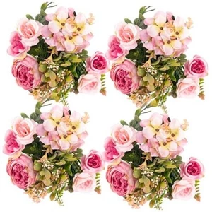 4 Packs Artificial Fake Flowers, Pink Flowers Artificial Peony Silk Fake - Picture 1 of 8