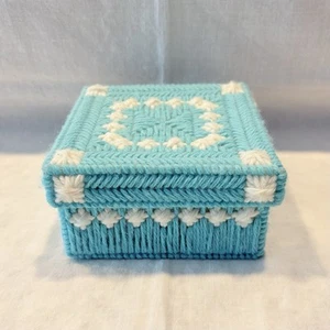 Vintage Needlepoint Trinket Box W/Lid Aqua & White Handmade 5 X 2.5” NICE! - Picture 1 of 5