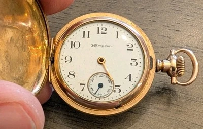 Antique 1907 Hampden 0s 7j Hunting Lever Set Gold Filled Pocket Watch Runs - Image 1 of 4