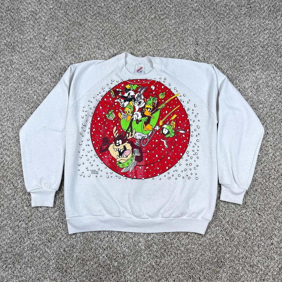Sudadera De Colección Looney Tunes Para Hombre XL Blanca 1993 Navidad Bugs Bunny Taz Foto 1 de 4