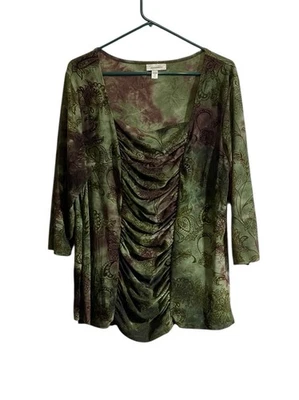 Dressbarn Feminino 2X Top Verde Marrom Ruched Front Fairy Boho Festival - Imagem 1 de 4
